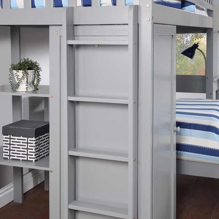 GFD Home - Twin Size Loft Bed with Closet and Desk, Extra Bottom Twin Bed, Grey - GreatFurnitureDeal