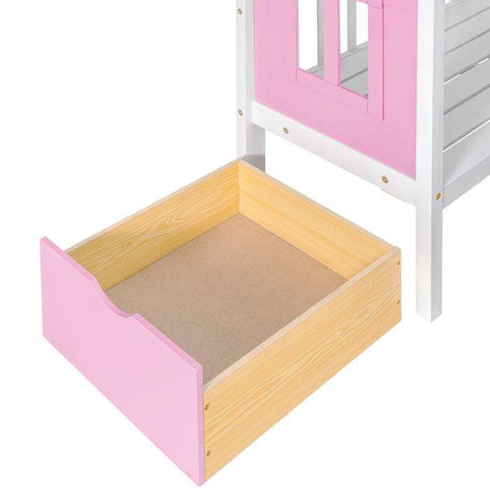 GFD Home - Twin-Over-Twin Bunk Bed with Changeable Table , Bunk Bed  Turn into Upper Bed and Down Desk with 2 Drawers - Pink - GreatFurnitureDeal