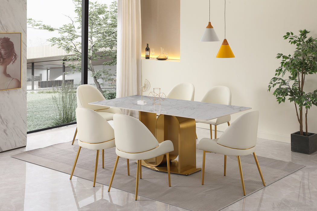 GFD House - 71" Contemporary Dining Table in Gold with Sintered Stone Top and  U shape Pedestal Base in Gold finish with 6 pcs Chairs . - GreatFurnitureDeal