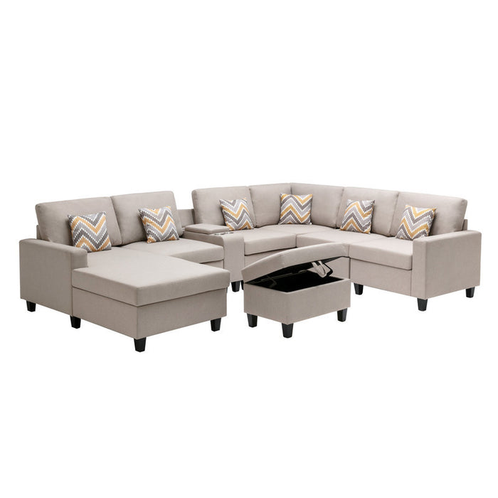 GFD Home - Nolan Beige Linen Fabric 8Pc Reversible Chaise Sectional Sofa with Interchangeable Legs, Pillows, Storage Ottoman, and a USB, Charging Ports, Cupholders, Storage Console Table - GreatFurnitureDeal