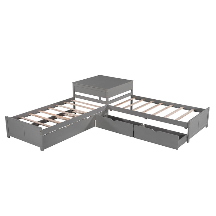 GFD Home - L-shaped Platform Bed with Trundle and Drawers Linked with built-in Desk,Twin,Gray - GreatFurnitureDeal