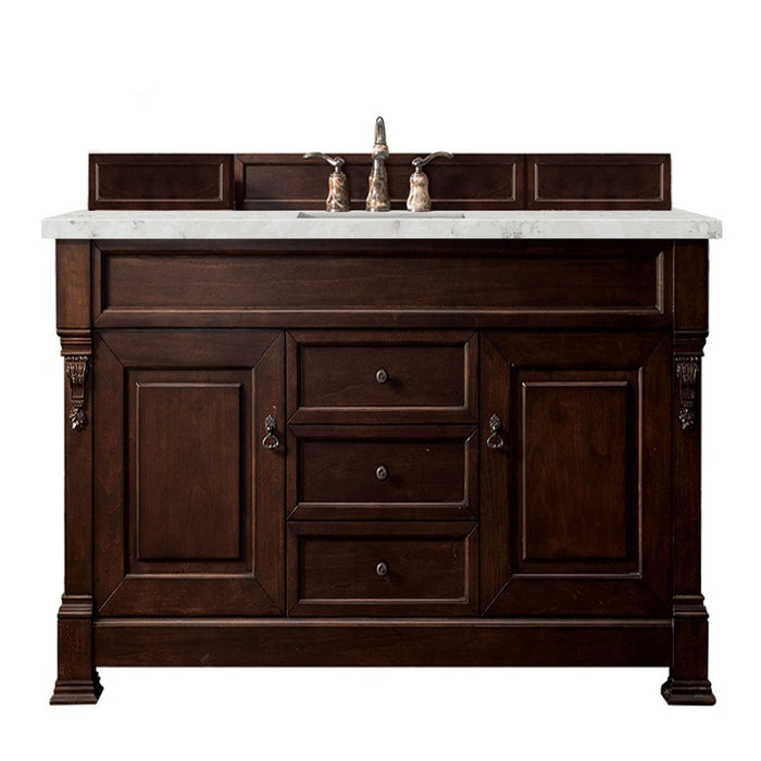 James Martin Furniture - Brookfield 60" Burnished Mahogany Single Vanity w- 3 CM Eternal Jasmine Pearl Quartz Top - 147-114-5361-3EJP - GreatFurnitureDeal