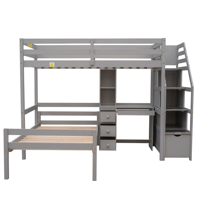 GFD Home - Twin Size Loft Bed with a Stand-alone Bed, Storage Staircase, Desk, Shelves and Drawers, Gray - GreatFurnitureDeal