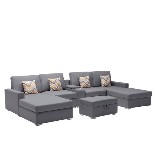 GFD Home - Nolan Gray Linen Fabric 6Pc Double Chaise Sectional Sofa with Interchangeable Legs, Storage Ottoman, Pillows, and a USB, Charging Ports, Cupholders, Storage Console Table - GreatFurnitureDeal