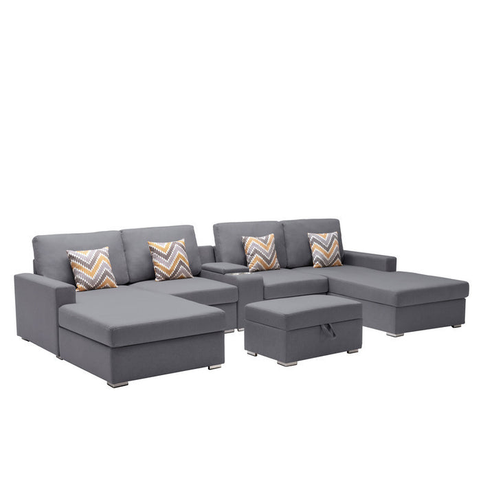 GFD Home - Nolan Gray Linen Fabric 6Pc Double Chaise Sectional Sofa with Interchangeable Legs, Storage Ottoman, Pillows, and a USB, Charging Ports, Cupholders, Storage Console Table - GreatFurnitureDeal