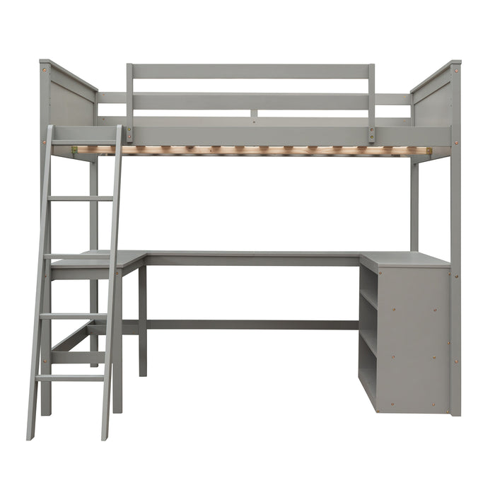 GFD Home - Full size Loft Bed with Shelves and Desk, Wooden Loft Bed with Desk - Gray - GreatFurnitureDeal