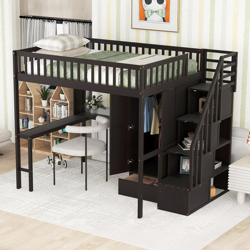 GFD Home - Full size Loft Bed with Bookshelf,Drawers,Desk,and Wardrobe-Espresso - GreatFurnitureDeal