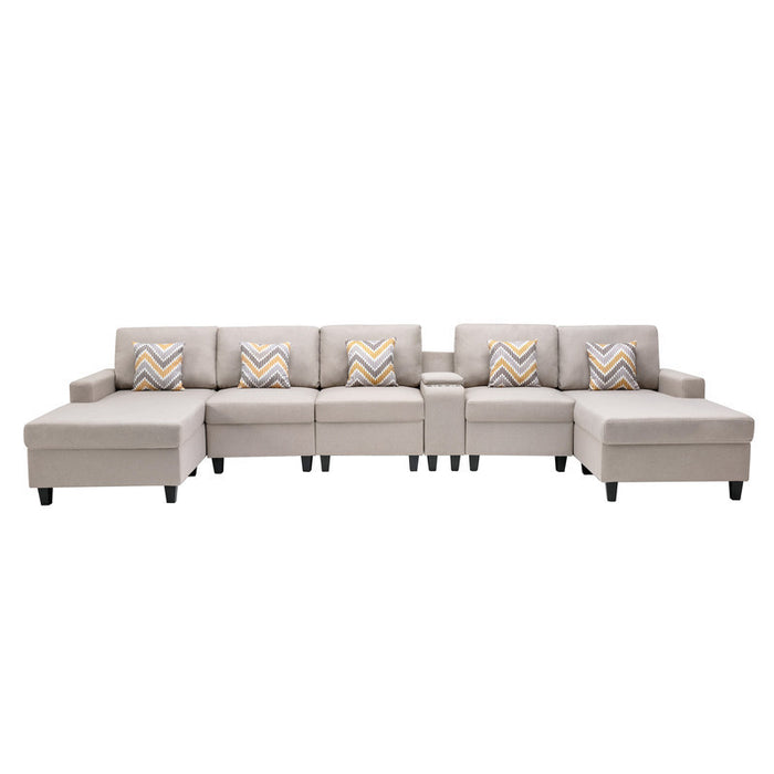 GFD Home - Nolan Beige Linen Fabric 6Pc Double Chaise Sectional Sofa with Interchangeable Legs, a USB, Charging Ports, Cupholders, Storage Console Table and Pillows - GreatFurnitureDeal