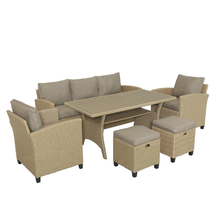 GFD Home - TOPMAX 6 Piece Outdoor Rattan Wicker Set Patio Garden Backyard Sofa, Chair, Stools and Table - GreatFurnitureDeal