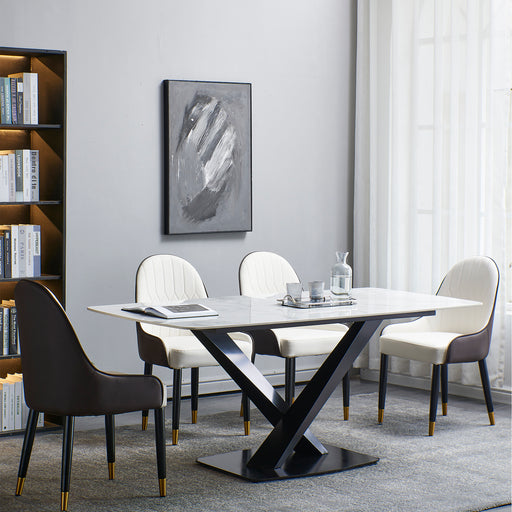 GFD Home - Sintered stone dinning table with 4 pcs Chairs ,Carrara white color , Modern Dinning table 63inch with solid black frame - GreatFurnitureDeal