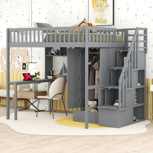 GFD Home - Full size Loft Bed with Bookshelf,Drawers,Desk,and Wardrobe-Gray - GreatFurnitureDeal