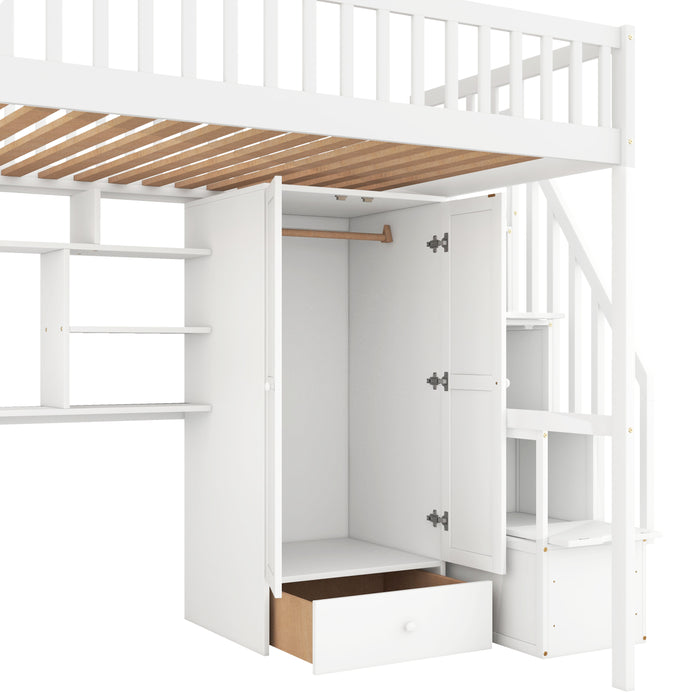 GFD Home - Full size Loft Bed with Bookshelf,Drawers,Desk,and Wardrobe-White - GreatFurnitureDeal