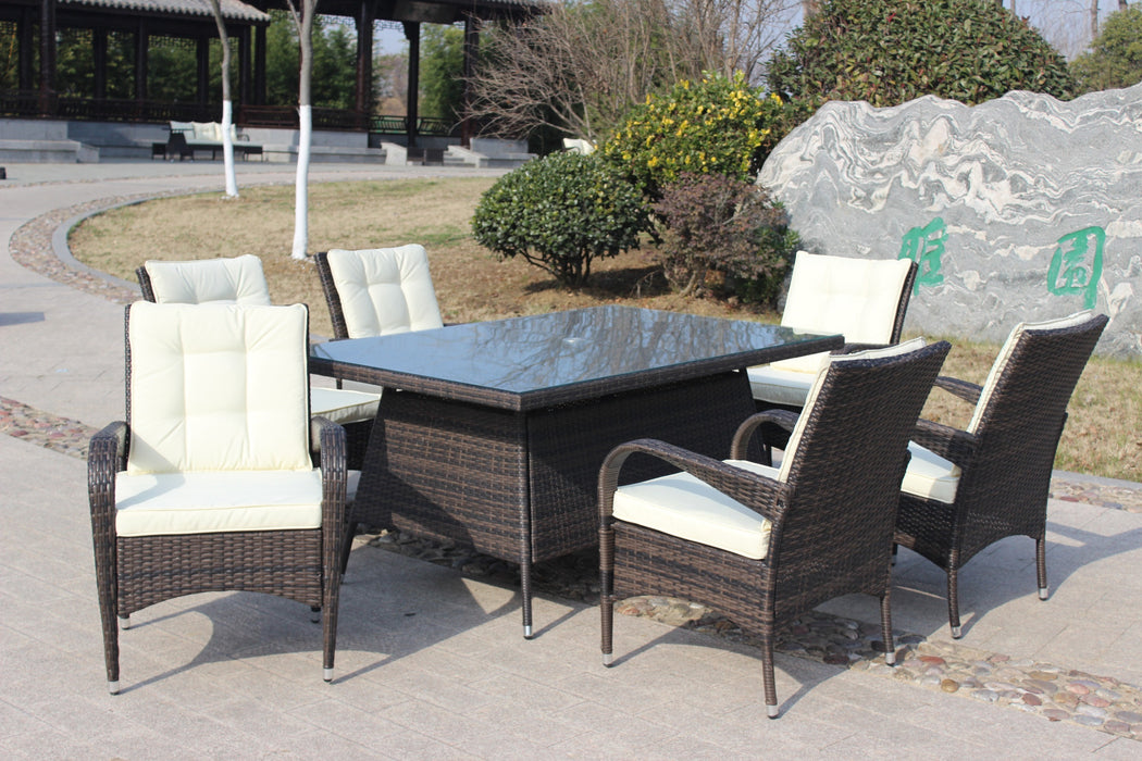 GFD Home - Patio 7-Piece Rectangular Dining Set with 6 Dining Chairs (Brown &Beige Cushion ) - GreatFurnitureDeal