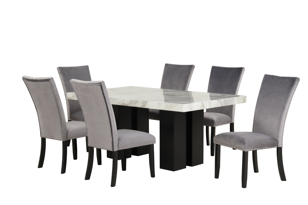 GFD Home - 7-piece Dining Table Set with 1 Faux Marble Dining Rectangular Table and 6 Upholstered-Seat Chairs ,for Dining room and Living Room ,Grey - GreatFurnitureDeal