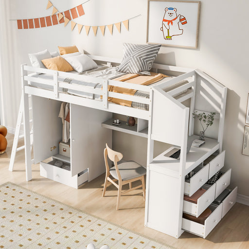 GFD Home - Twin Size Loft Bed with Wardrobe and Drawers, attached Desk with Shelves, White - GreatFurnitureDeal