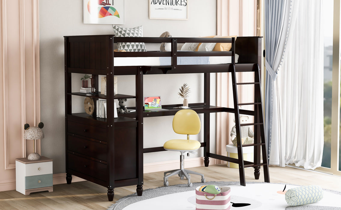 GFD Home - Twin size Loft Bed with Drawers and Desk, Wooden Loft Bed with Shelves - Espresso(OLD SKU: LP000530AAP) - GreatFurnitureDeal