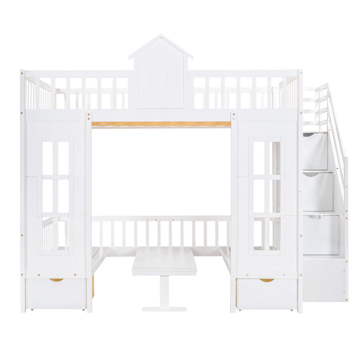 GFD Home - Full-Over-Full Bunk Bed with Changeable Table ,Bunk Bed Turn into Upper Bed and Down Desk - White - GreatFurnitureDeal