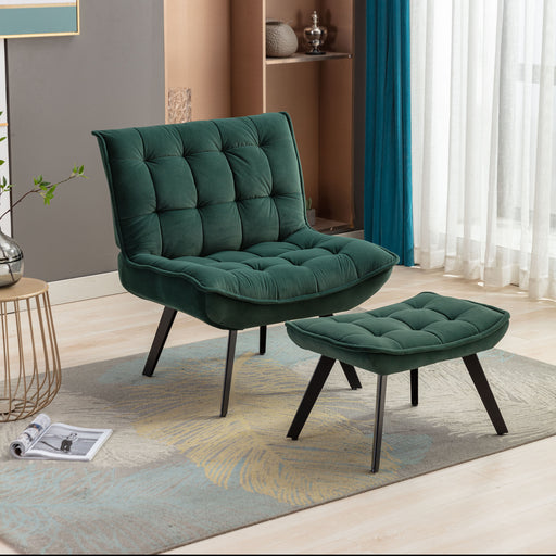 GFD Home - Modern Soft Velvet Fabric Material Large Width Accent Chair Leisure Chair Armchair TV Chair Bedroom Chair With Ottoman Black Legs For Indoor Home And Living Room,Dark Green - GreatFurnitureDeal