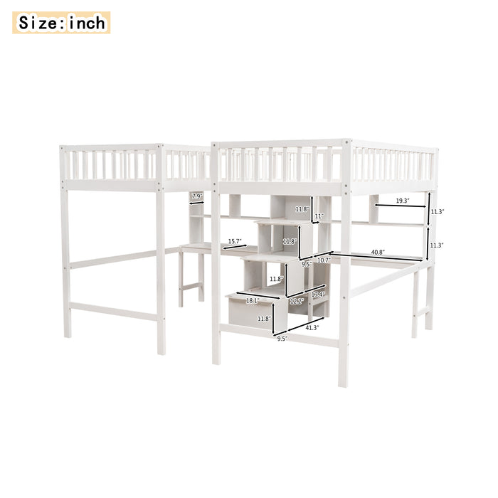 GFD Home - Twin & Twin Size Loft Bed with 2 Built-in Desks and Shelves, Storage Staircase, White - GreatFurnitureDeal