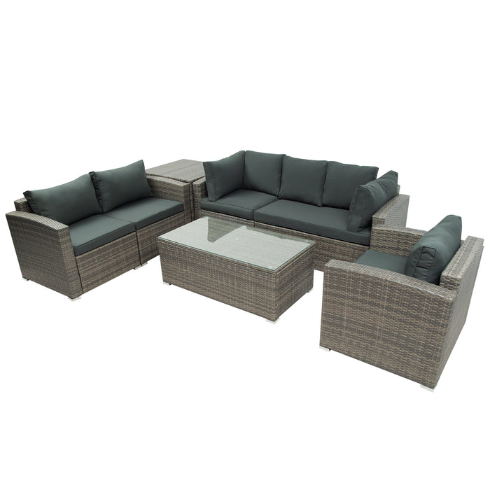 GFD Home - U_STYLE Patio Furniture Sets, 7-Piece Patio Wicker Sofa , Cushions, Chairs , a Loveseat , a Table and a Storage Box - GreatFurnitureDeal