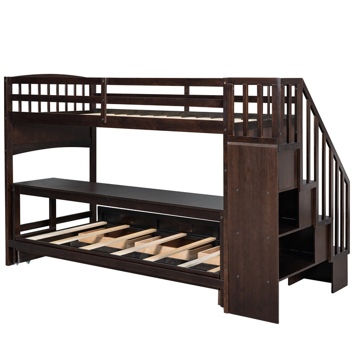 GFD Home - Stairway Twin XL Loft Bed with Twin Size Trundle and 3 Drawers, Storage, Desk, Espresso - GreatFurnitureDeal