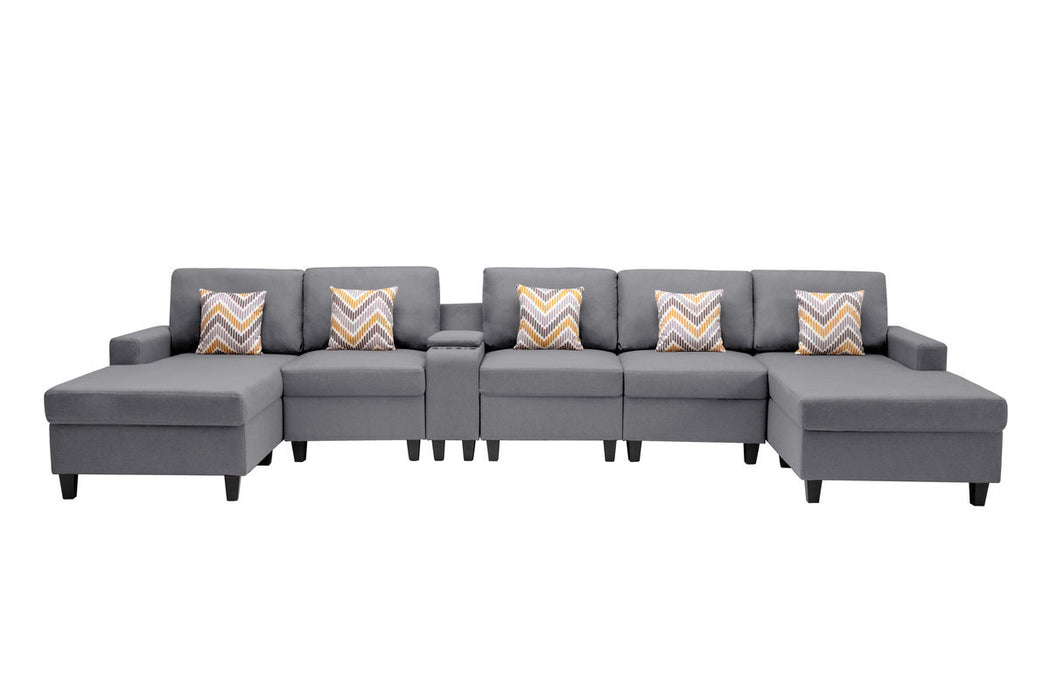 GFD Home - Nolan Gray Linen Fabric 6Pc Double Chaise Sectional Sofa with Interchangeable Legs, a USB, Charging Ports, Cupholders, Storage Console Table and Pillows - GreatFurnitureDeal