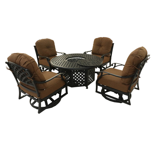 GFD Home - GFD Home - 5 Piece Aluminum Chat high Fire Pit Set, 4 Club Motion Chairs with Round Firepit Table, Brown - GreatFurnitureDeal