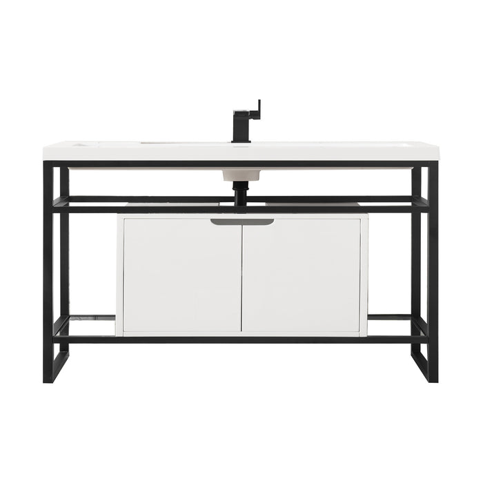 James Martin Furniture - Boston 39.5" Stainless Steel Sink Console, Matte Black w/ Glossy White Storage Cabinet, White Glossy Composite Countertop - C105V39.5MBKSCGWWG