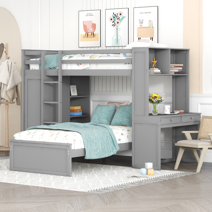 GFD Home - Twin size Loft Bed with a Stand-alone bed, Shelves,Desk,and Wardrobe-Gray - GreatFurnitureDeal