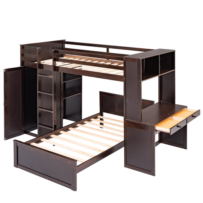 GFD Home - Twin size Loft Bed with a Stand-alone bed, Shelves,Desk,and Wardrobe-Espresso - GreatFurnitureDeal