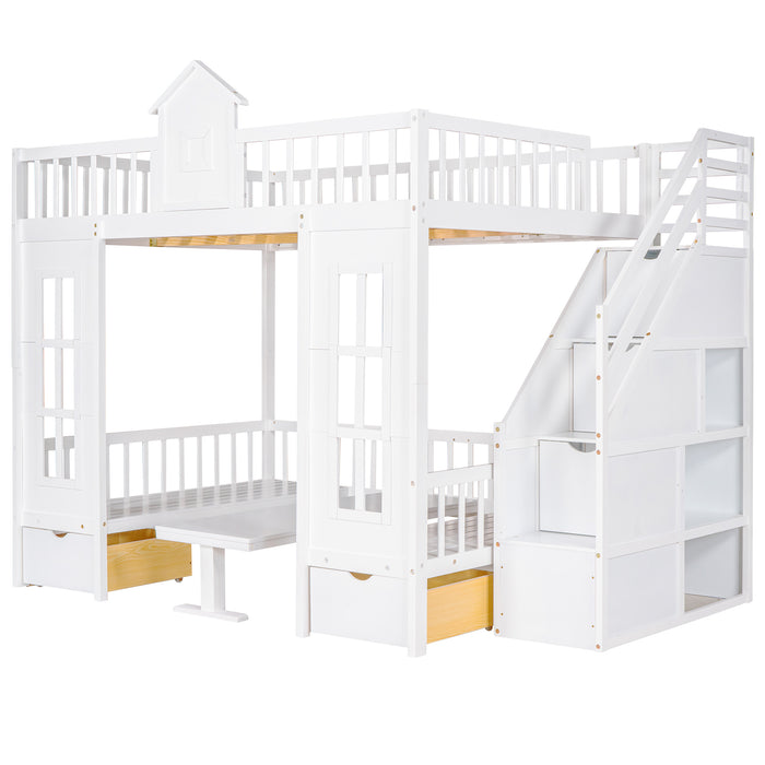 GFD Home - Full-Over-Full Bunk Bed with Changeable Table ,Bunk Bed Turn into Upper Bed and Down Desk - White - GreatFurnitureDeal