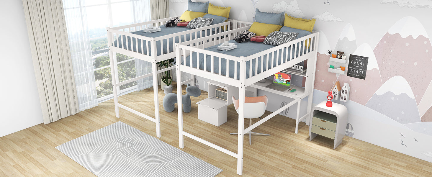 GFD Home - Twin & Twin Size Loft Bed with 2 Built-in Desks and Shelves, Storage Staircase, White - GreatFurnitureDeal