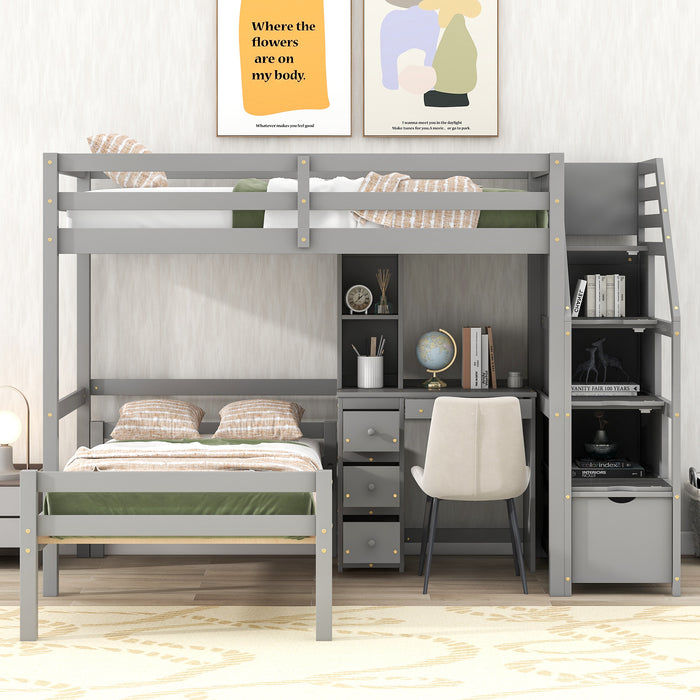 GFD Home - Twin Size Loft Bed with a Stand-alone Bed, Storage Staircase, Desk, Shelves and Drawers, Gray - GreatFurnitureDeal