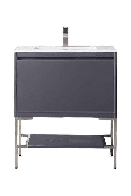 James Martin Furniture - Milan 31.5" Single Vanity Cabinet, Modern Grey Glossy, Brushed Nickel w-Glossy White Composite Top - 801V31.5MGGBNKGW - GreatFurnitureDeal