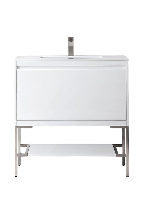 James Martin Furniture - Milan 35.4" Single Vanity Cabinet, Glossy White, Brushed Nickel w-Glossy White Composite Top - 801V35.4GWBNKGW - GreatFurnitureDeal