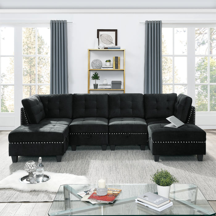 GFD Home - U shape Modular Sectional Sofa，DIY Combination，includes Two Single Chair ，Two Corner and Two Ottoman，Black Velvet. - GreatFurnitureDeal