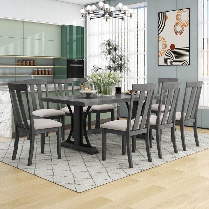 GFD Home - TREXM 9-Piece Retro Style Dining Table Set 78" Wood Rectangular Table and 8 Dining Chairs for Dining Room (Gray) - GreatFurnitureDeal