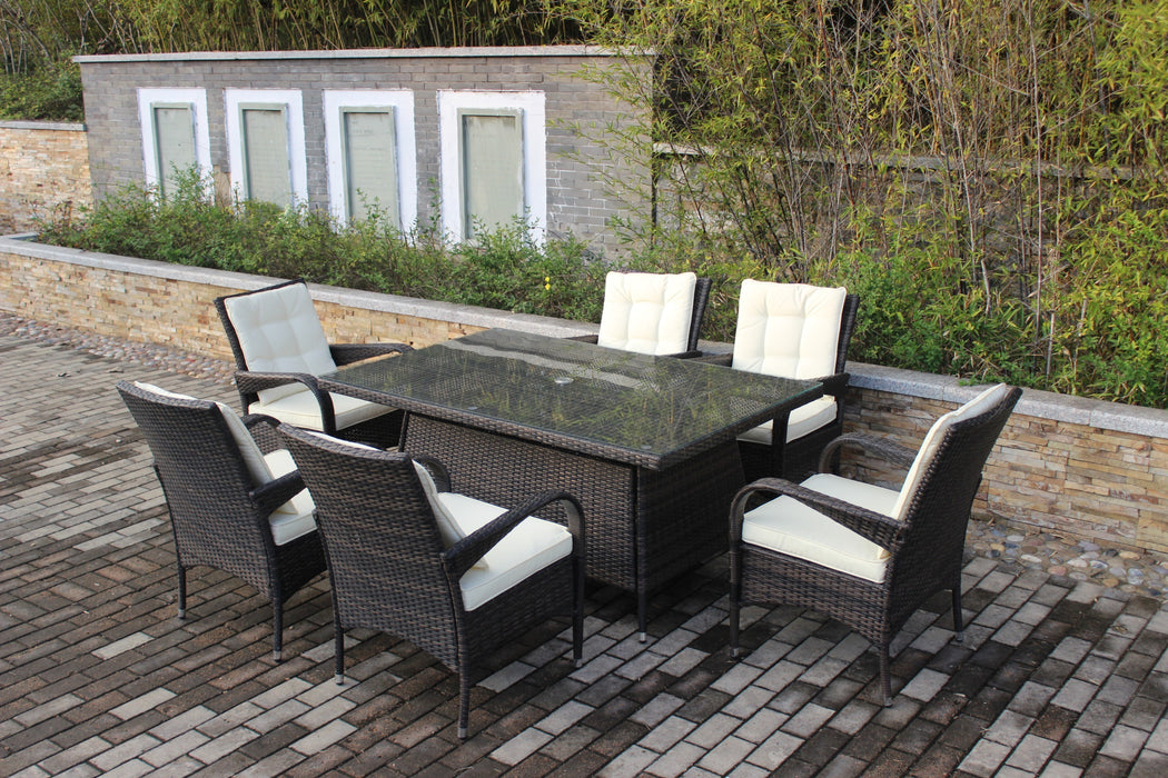 GFD Home - Patio 7-Piece Rectangular Dining Set with 6 Dining Chairs (Brown &Beige Cushion ) - GreatFurnitureDeal
