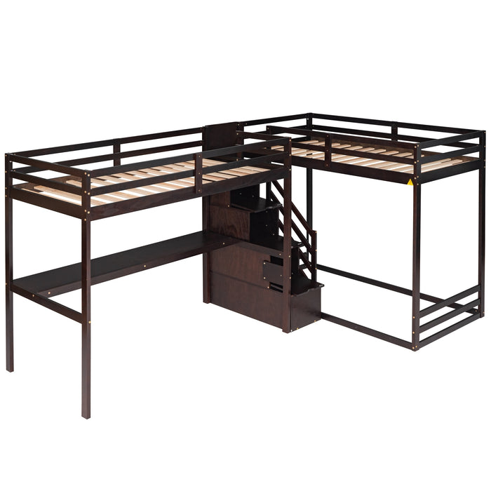 GFD Home - L-Shaped Twin Size Bunk Bed and Loft Bed with Built-in Middle Staircase and Desk,Espresso - GreatFurnitureDeal