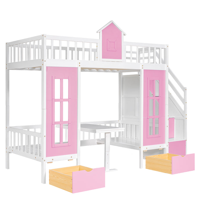 GFD Home - Twin-Over-Twin Bunk Bed with Changeable Table , Bunk Bed  Turn into Upper Bed and Down Desk with 2 Drawers - Pink - GreatFurnitureDeal