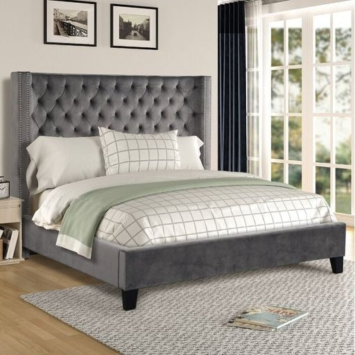 GFD Home - Galaxy Home Allen Tufted Velvet King Upholstered Bed in Gray - GreatFurnitureDeal