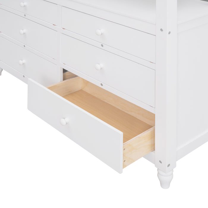 GFD Home - Full size Loft Bed with Drawers and Desk, Wooden Loft Bed with Shelves - White(OLD SKU:LT000529AAK) - GreatFurnitureDeal