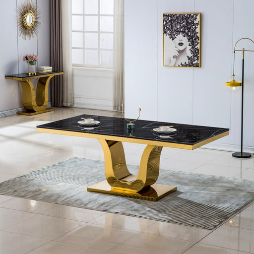 GFD Home - Modern Rectangular Marble Dining Table, 0.71" Thick Marble Top, U Shape Stainless Steel Base with Gold Finish, Size:78"Lx39"Dx30"H(Not Including Chairs) - GreatFurnitureDeal