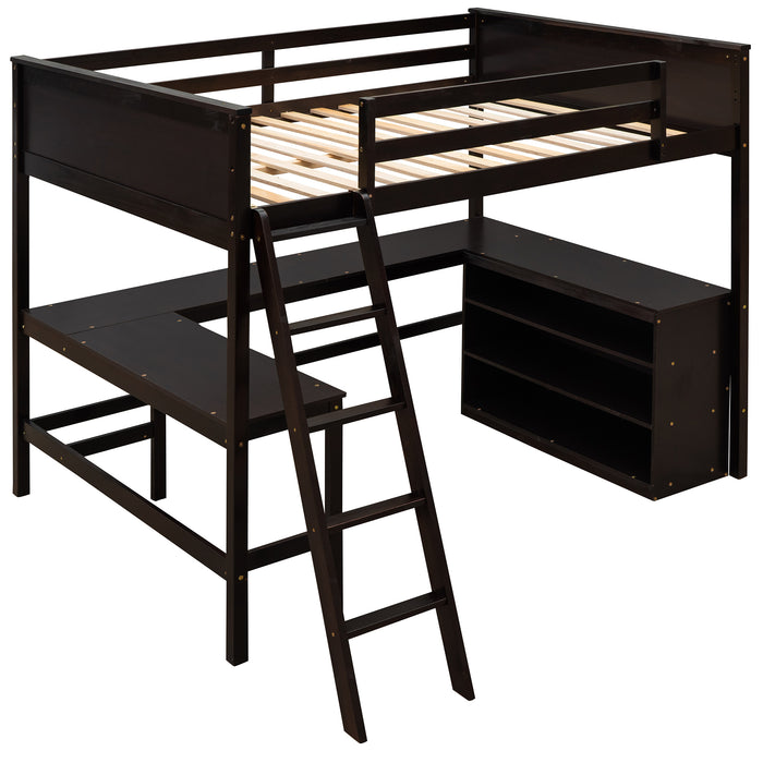 GFD Home - Full size Loft Bed with Shelves and Desk, Wooden Loft Bed with Desk - Espresso - GreatFurnitureDeal