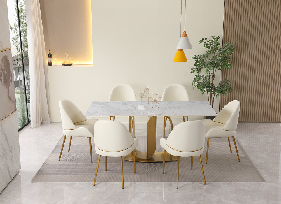 GFD House - 71" Contemporary Dining Table in Gold with Sintered Stone Top and  U shape Pedestal Base in Gold finish with 6 pcs Chairs . - GreatFurnitureDeal