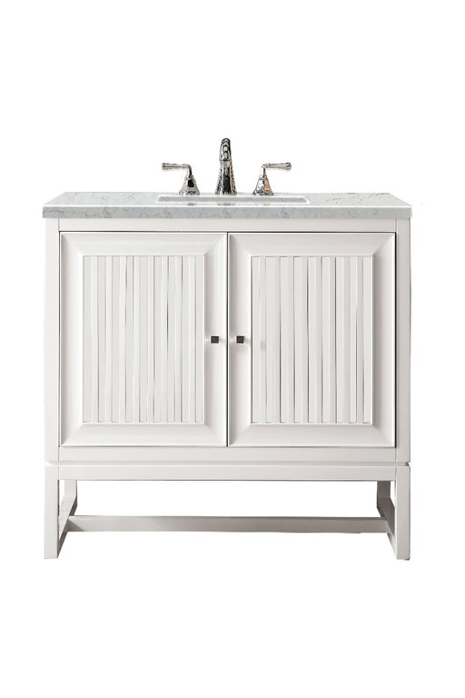 James Martin Furniture - Athens 36" Single Vanity Cabinet, Glossy White, w- 3 CM Eternal Jasmine Pearl Quartz Top - E645-V36-GW-3EJP - GreatFurnitureDeal