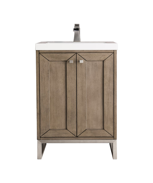 James Martin Furniture - Chianti 20" Single Vanity Cabinet, Whitewashed Walnut, Brushed Nickel, w/ White Glossy Composite Countertop - E303V20WWBNKWG - GreatFurnitureDeal