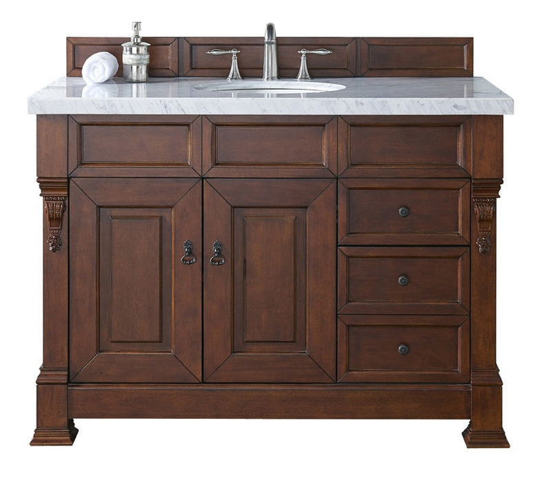 James Martin Furniture - Brookfield 48" Warm Cherry Single Vanity w- Drawers with 3 CM Arctic Fall Solid Surface Top - 147-114-5286-3AF - GreatFurnitureDeal