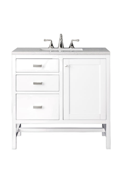 James Martin Furniture - Addison 36" Single Vanity Cabinet, Glossy White, w- 3 CM Eternal Jasmine Pearl Quartz Top - E444-V36-GW-3EJP - GreatFurnitureDeal