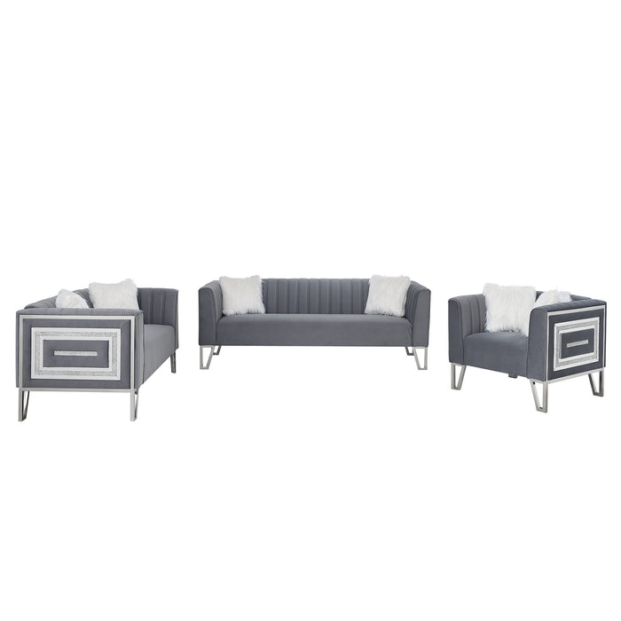 GFD Home - 3 Piece Living Room Sofa Set, including 3-Seater Sofa, Loveseat and Sofa Chair, with mirrored side trim with faux diamonds and stainless steel legs, Six White Villose Pillow, Grey - GreatFurnitureDeal